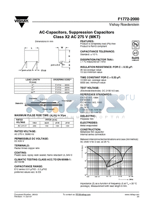 F1772-315-20 datasheet - AC-Capacitors, Suppression Capacitors Class X2 AC 275 V (MKT)