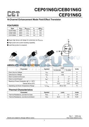 CEF01N6G datasheet - N-Channel Enhancement Mode Field Effect Transistor