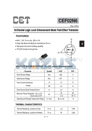 CEF02N6 datasheet - N-Channel Logic Level Enhancement Mode Field Effect Transistor