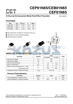 CEF01N65 datasheet - N-Channel Enhancement Mode Field Effect Transistor