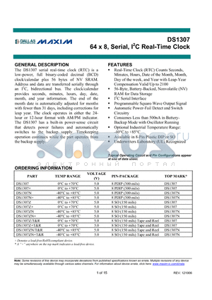 DS1307N+ datasheet - 64 x 8, Serial, I2C Real-Time Clock