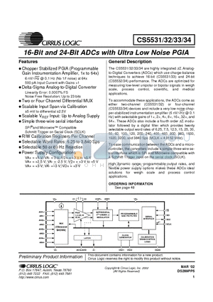 CS5532-AS datasheet - 16 BIT AND 24 BIT ADCS WITH ULTRA LOW NOISE PGIA