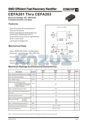 CEFA201 datasheet - SMD Efficient Fast Recovery Rectifier