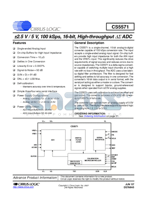 CS5571 datasheet - a2.5 V / 5 V, 100 kSps, 16-bit, High-throughput DS ADC