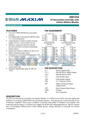 DS1314 datasheet - 3V Nonvolatile Controller with Lithium Battery Monitor