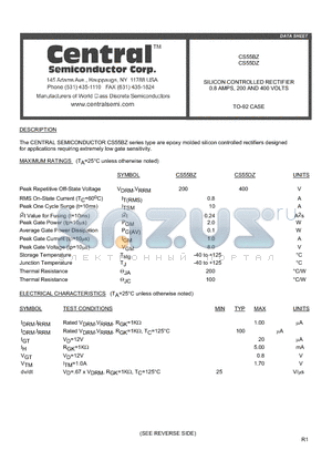 CS55DZ datasheet - SILICON CONTROLLED RECTIFIER 0.8 AMPS, 200 AND 400 VOLTS