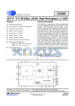 CS5560 datasheet - a2.5 V / 5 V, 50 kSps, 24-bit, High-throughput DS ADC