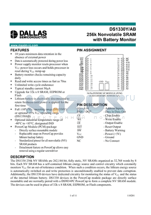 DS1330YP-70 datasheet - 256k Nonvolatile SRAM with Battery Monitor