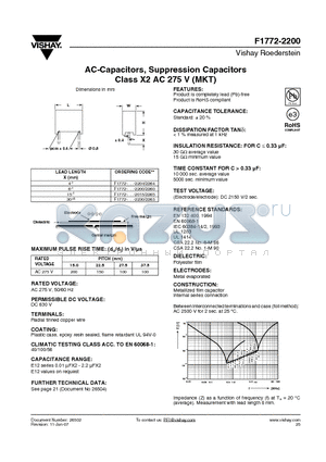 F1772-515-22 datasheet - AC-Capacitors, Suppression Capacitors Class X2 AC 275 V (MKT)