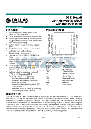 DS1330YP-70-IND datasheet - 256k Nonvolatile SRAM with Battery Monitor