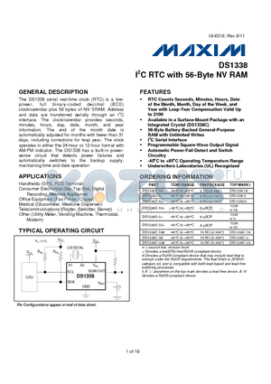 DS1338 datasheet - I2C RTC with 56-Byte NV RAM
