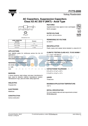 F1773-418-2 datasheet - AC Capacitors, Suppression Capacitors Class X2 AC 253 V (MKT) - Axial Type