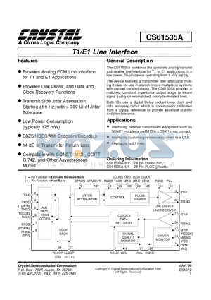 CS61535A datasheet - T1/E1 LINE INTERFACE