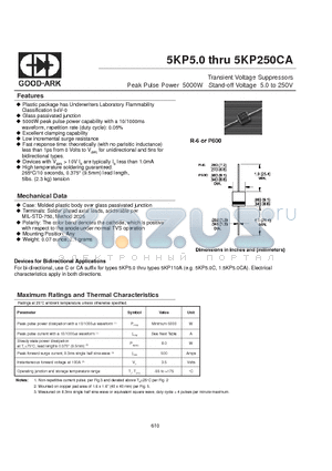 5KP10 datasheet - Transient Voltage Suppressors Peak Pulse Power 5000W Stand-off Voltage 5.0 to 250V