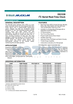 DS1339 datasheet - I2C Serial Real-Time Clock