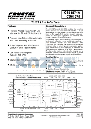 CS61574A-IP1 datasheet - T1/E1 LINE INTERFACE