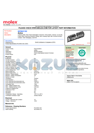 87602-1193 datasheet - 2.50mm(.098) Pitch Panel Detachable Connector, PCB Header, Vertical, 12 Circuits, 0.5lm (20l) Gold (Au) Selective Plating, with Locating Pegs