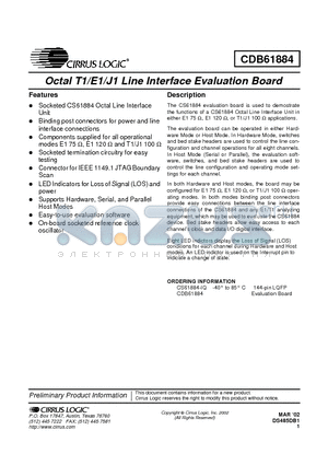 CS61884-IQ datasheet - Octal T1/E1/J1 Line Interface Evaluation Board