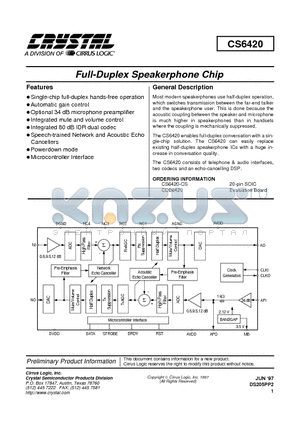 CS6420 datasheet - FULL DUPLEX SPEAKERPHONE CHIP