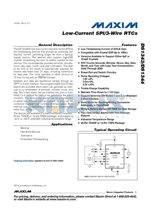 DS1343E-33+ datasheet - Low-Current SPI/3-Wire RTCs Low Timekeeping Current of 250nA (typ)