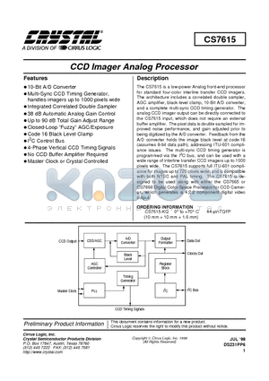CS7615 datasheet - CCD IMAGER ANALOG PROCESSOR
