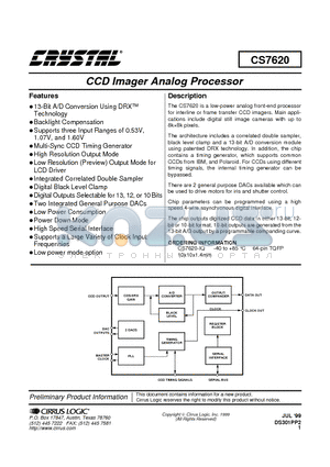 CS7620 datasheet - CCD IMAGER ANALOG PROCESSOR