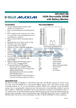 DS1345ABC-100-IND datasheet - 1024k Nonvolatile SRAM with Battery Monitor