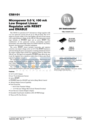 CS8101YD8G datasheet - Micropower 5.0 V, 100 mA Low Dropout Linear Regulator with RESET and ENABLE