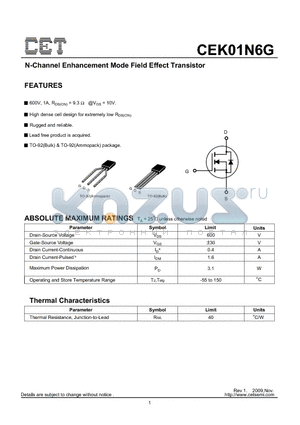 CEK01N6G datasheet - N-Channel Enhancement Mode Field Effect Transistor