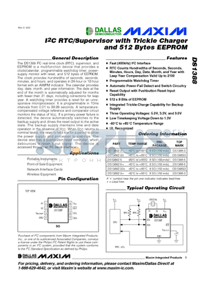 DS1388Z-33+ datasheet - I2C RTC/Supervisor with Trickle Charger and 512 Bytes EEPROM