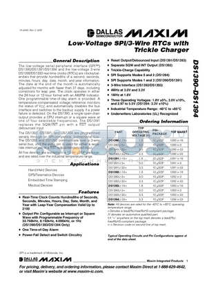 DS1390 datasheet - Low-Voltage SPI/3-Wire RTCs with Trickle Charger