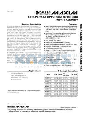 DS1390-DS1393 datasheet - Low-Voltage SPI/3-Wire RTCs with Trickle Charger
