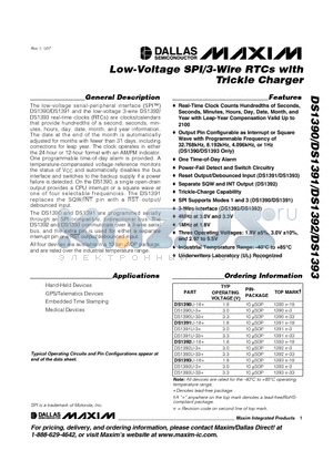 DS1390U-18+ datasheet - Low-Voltage SPI/3-Wire RTCs with Trickle Charger