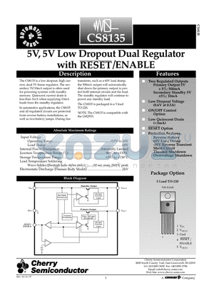 CS8135YTVA5 datasheet - 5V, 5V Low Dropout Dual Regulator with /ENABLE RESET