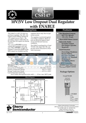 CS8147YT5 datasheet - 10V/5V Low Dropout Dual Regulator with ENABLE