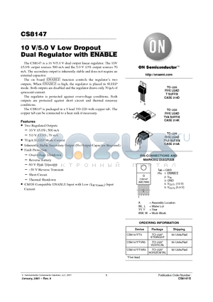 CS8147YT5 datasheet - 10 V/5.0 V Low Dropout Dual Regulator with ENABLE