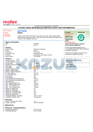 87715-9209 datasheet - 1.00mm (.039) Pitch, PCI Express* Connector, 98 Circuits, Nylon 4/6 Glass-filled, Black Housing, Phosphor Bronze, 0.76lm (30l) Gold (Au) Plating