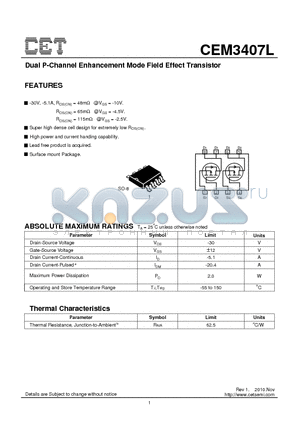 CEM3407L datasheet - Dual P-Channel Enhancement Mode Field Effect Transistor