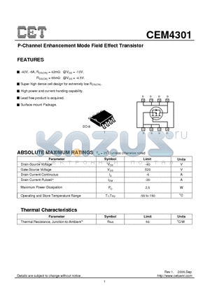 CEM4301 datasheet - P-Channel Enhancement Mode Field Effect Transistor