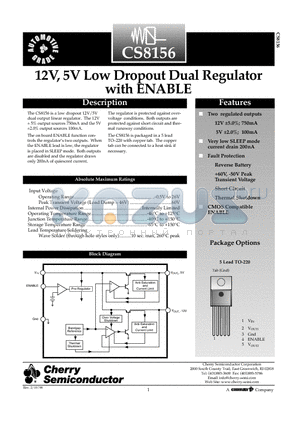 CS8156YT5 datasheet - 12V, 5V Low Dropout Dual Regulator with ENABLE