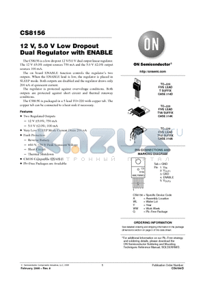 CS8156YT5G datasheet - 12 V, 5.0 V Low Dropout Dual Regulator with ENABLE