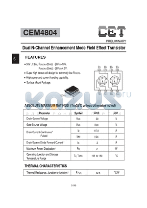 CEM4804 datasheet - Dual N-Channel Enhancement Mode Field Effect Transistor