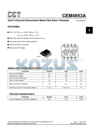 CEM4953A datasheet - Dual P-Channel Enhancement Mode Field Effect Transistor