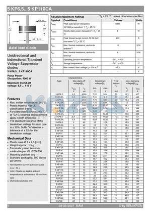 5KP12 datasheet - Axial lead diode Unidirectional and bidirectional Transient Voltage Suppressor diodes