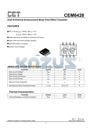 CEM6428 datasheet - Dual N-Channel Enhancement Mode Field Effect Transistor