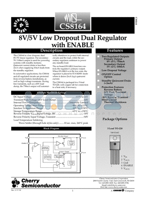 CS8164YTVA5 datasheet - 8V/5V Low Dropout Dual Regulator with ENABLE