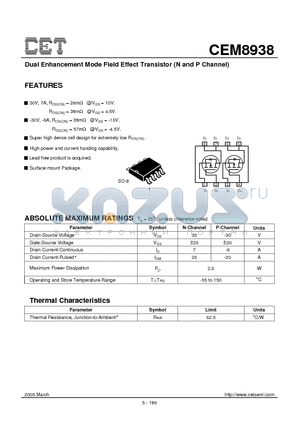 CEM8938 datasheet - Dual Enhancement Mode Field Effect Transistor (N and P Channel)