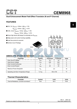 CEM8968 datasheet - Dual Enhancement Mode Field Effect Transistor (N and P Channel)