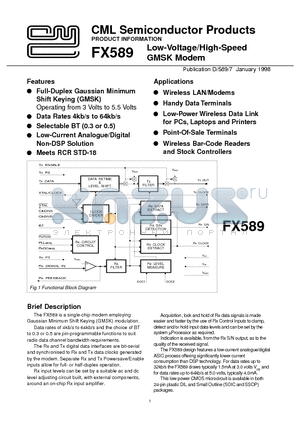 FX589 datasheet - Low-Voltage/High-Speed GMSK Modem