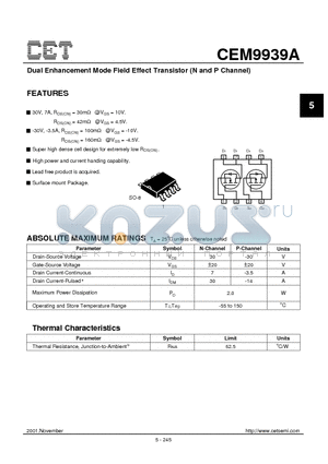 CEM9939A datasheet - Dual Enhancement Mode Field Effect Transistor (N and P Channel)